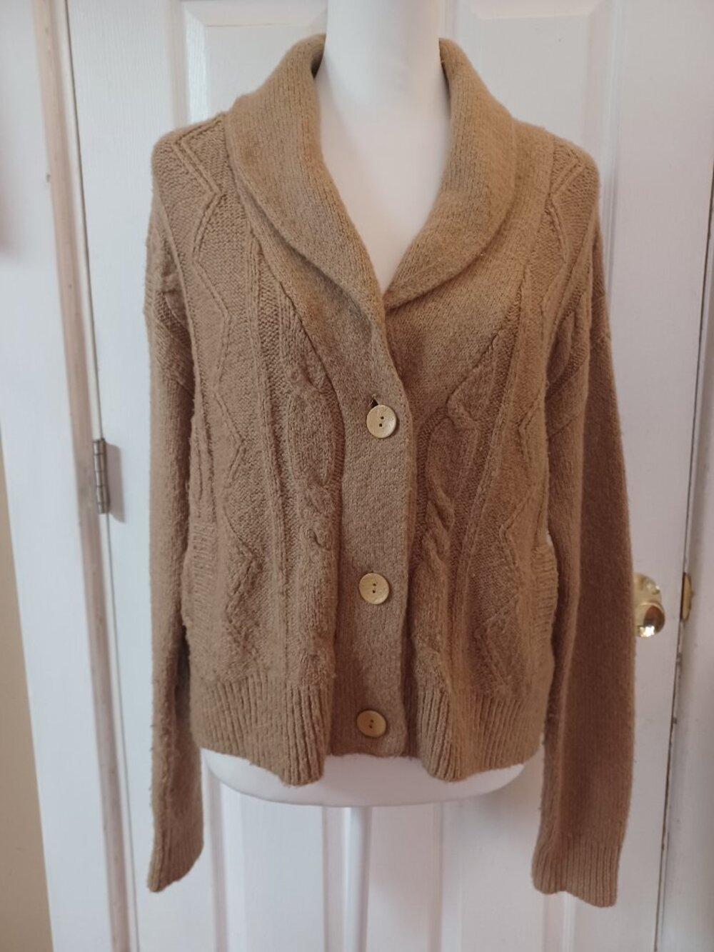 Anthropologie Pilcro  Collared Cable-Knit Cardigan Sweater Tan Grandpa